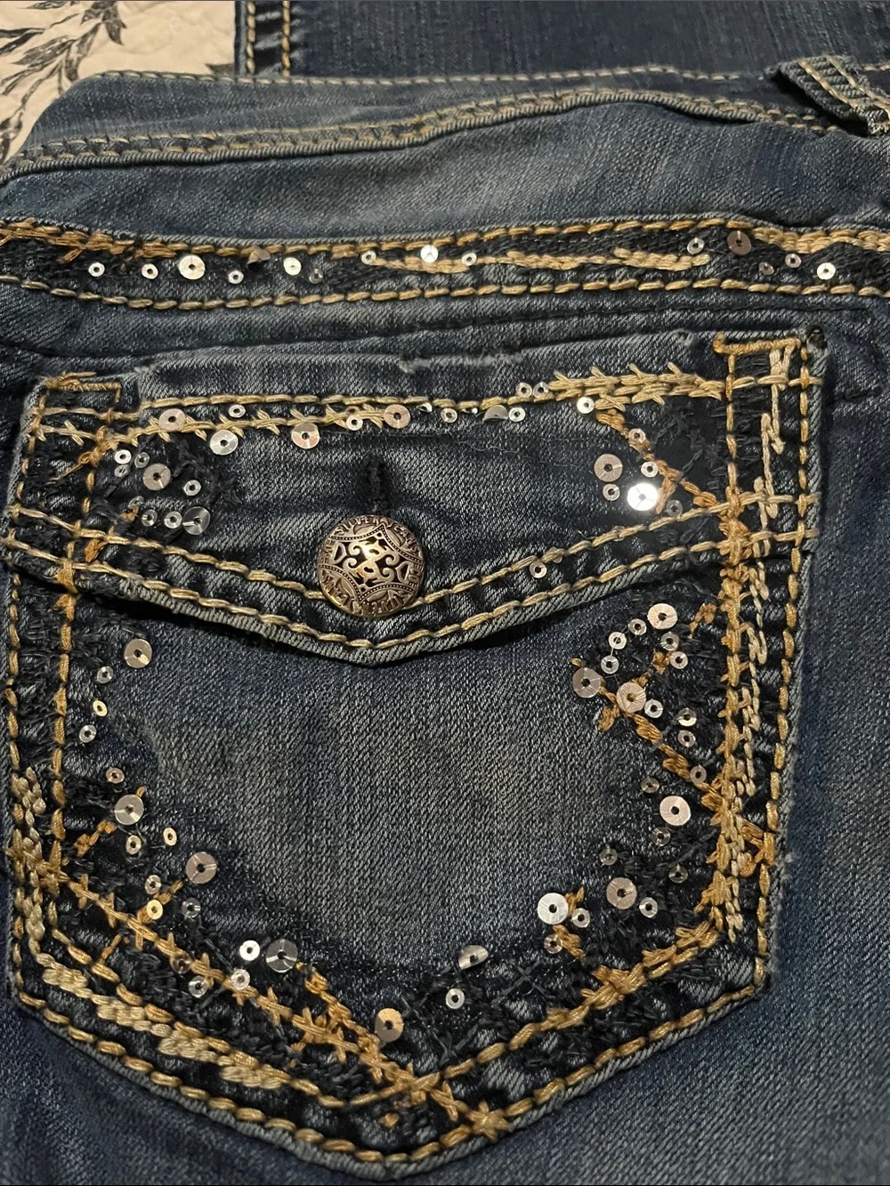 Silver Jeans Dark Blue Bootcut Jeans with Sequin Pocket Detail